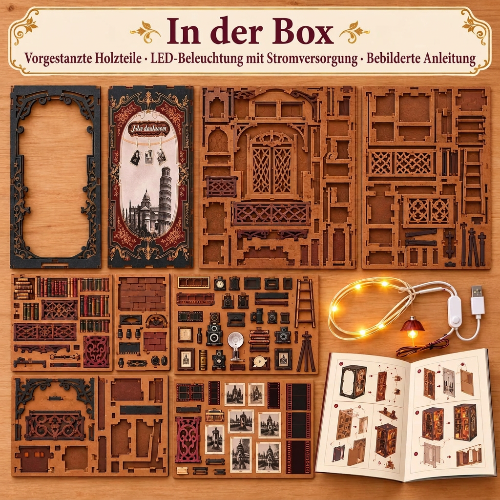 Inhalt des Sets Dunkelkammer: vorgestanzte Holzteile, LED und Anleitung
