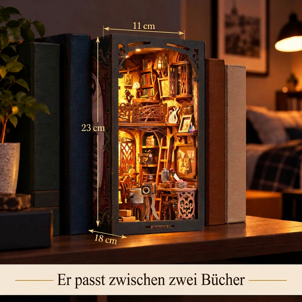 Book Nook Dunkelkammer zwischen zwei Büchern, Maße 18 × 11 × 23 cm