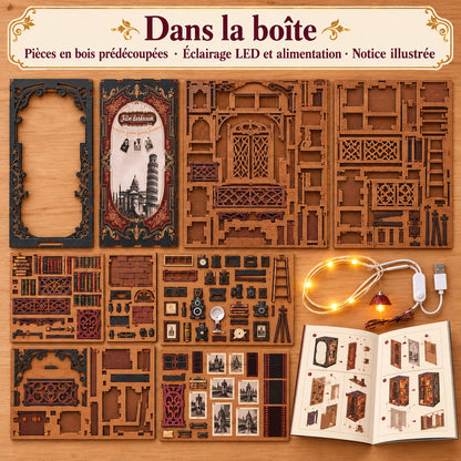 What's in the Darkroom kit: wooden pieces, LED and instructions