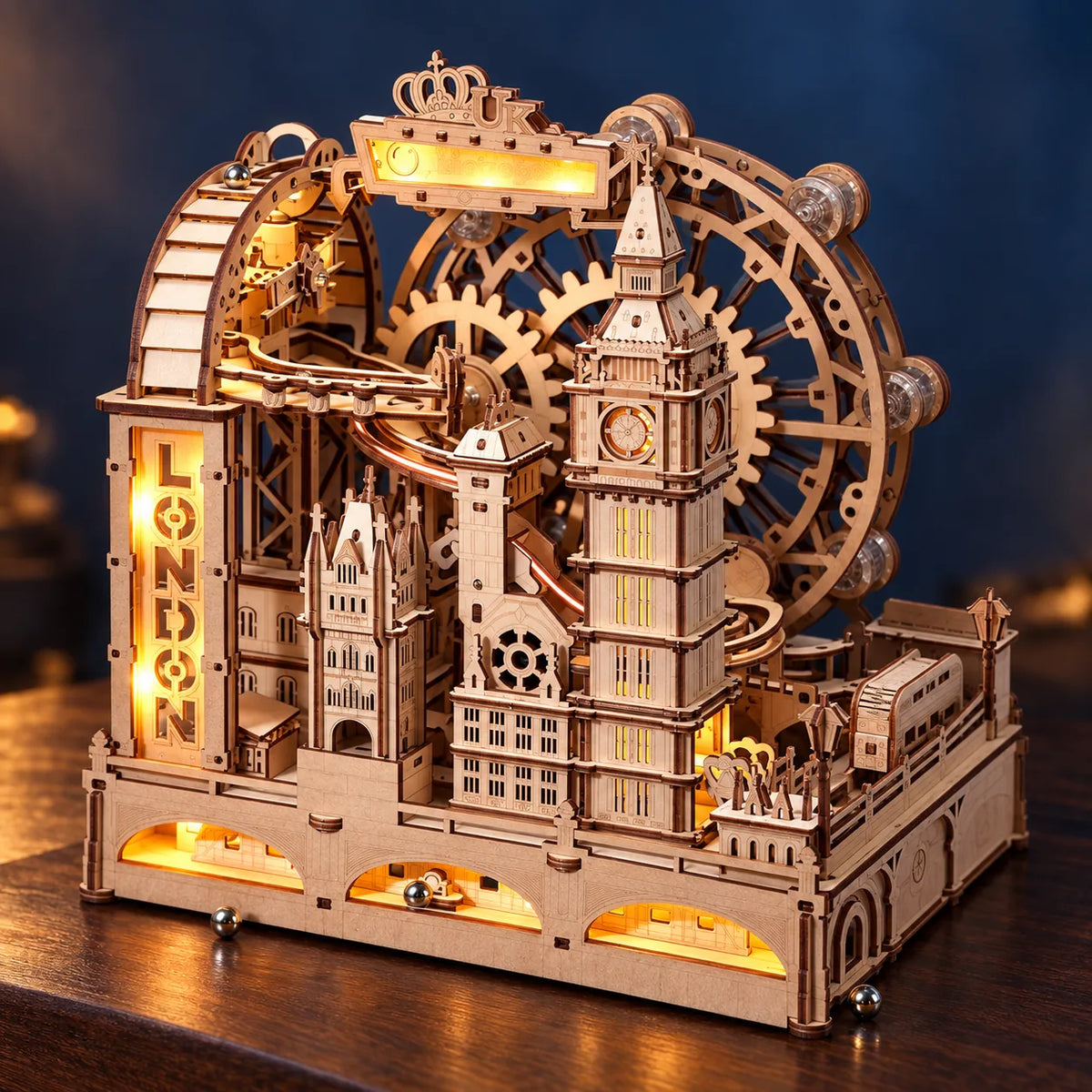 Circuit à billes de Londres en bois avec Big Ben et grande roue illuminés