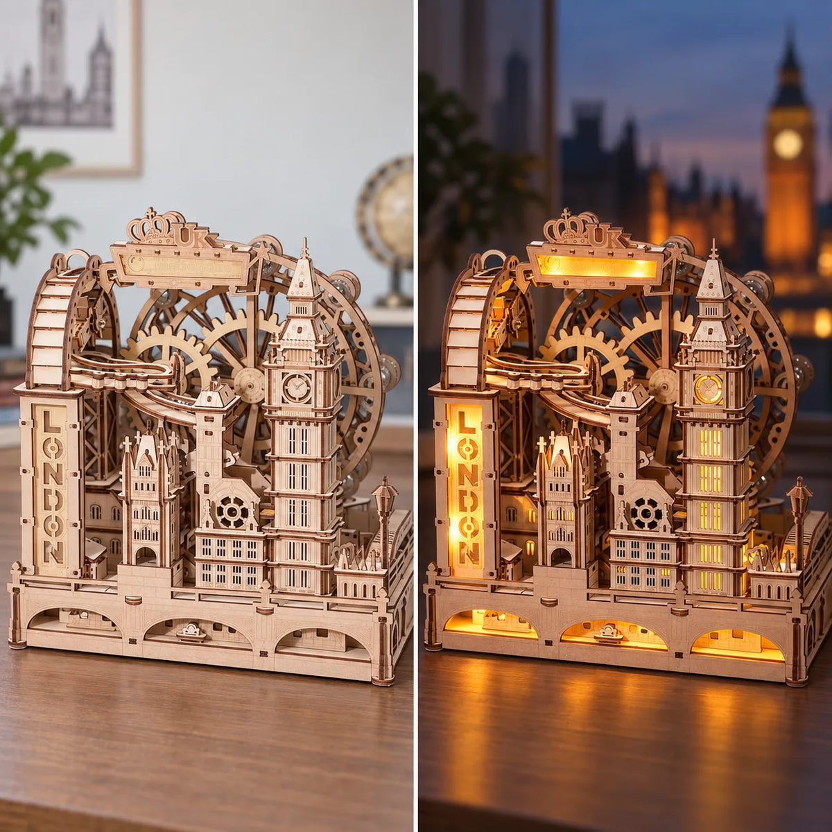 Circuit à billes de Londres avant et après allumage des lumières LED