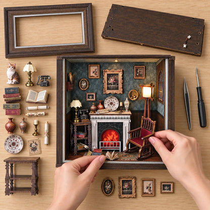 Montage du Coin du Feu vu du dessus avec mains et fauteuil miniature