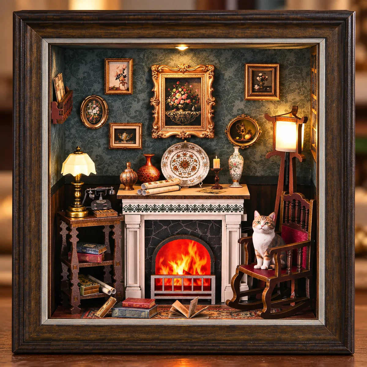 Détail de la cheminée, du fauteuil et du chat du Coin du Feu