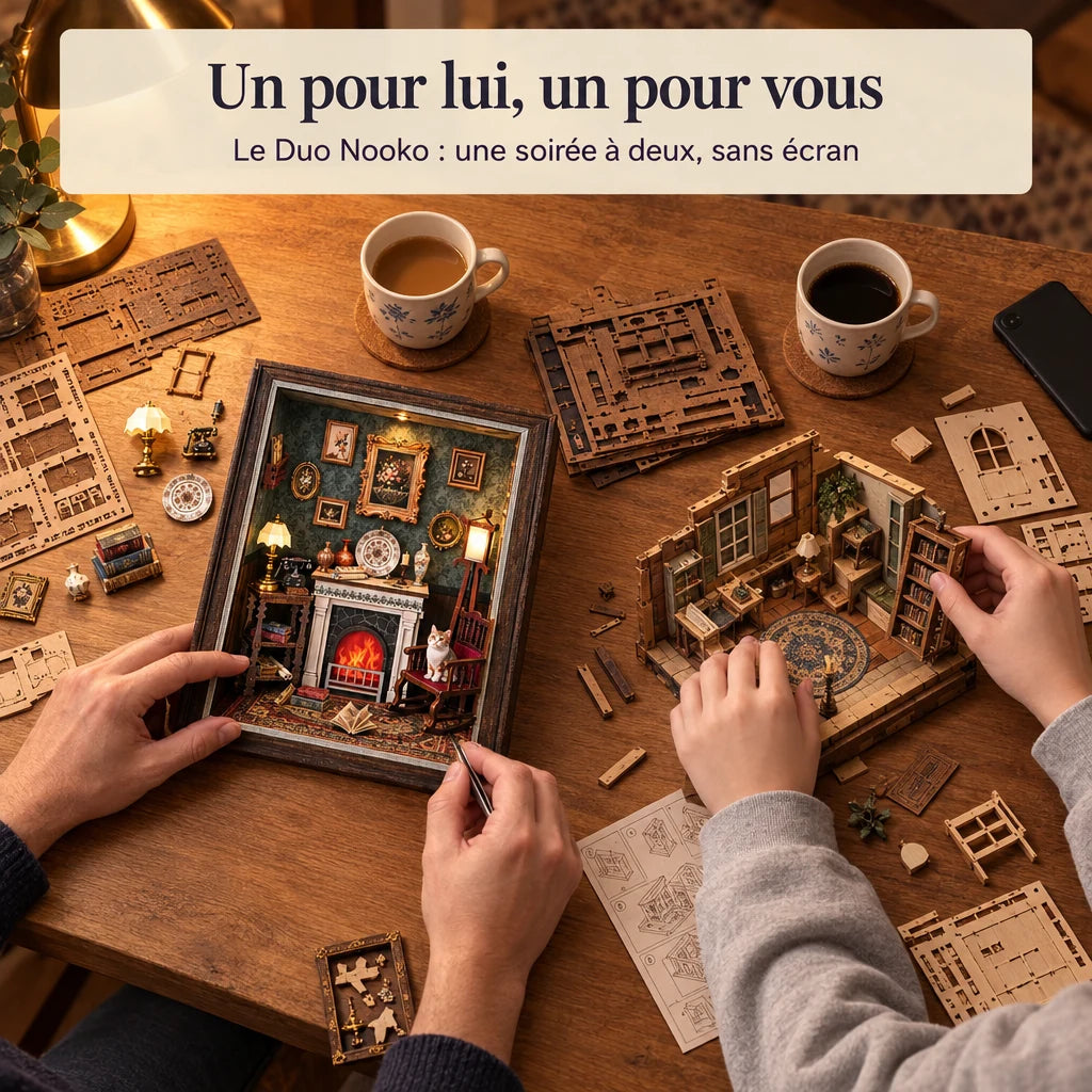 Deux personnes construisent un kit NOOKO côte à côte, une soirée sans écran