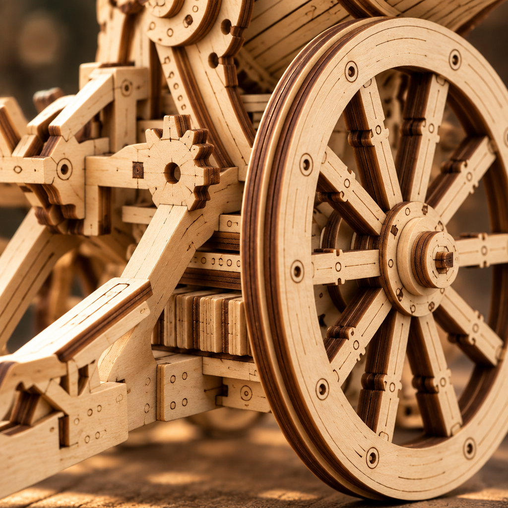 Detail macro d une roue en bois et des assemblages de charpente