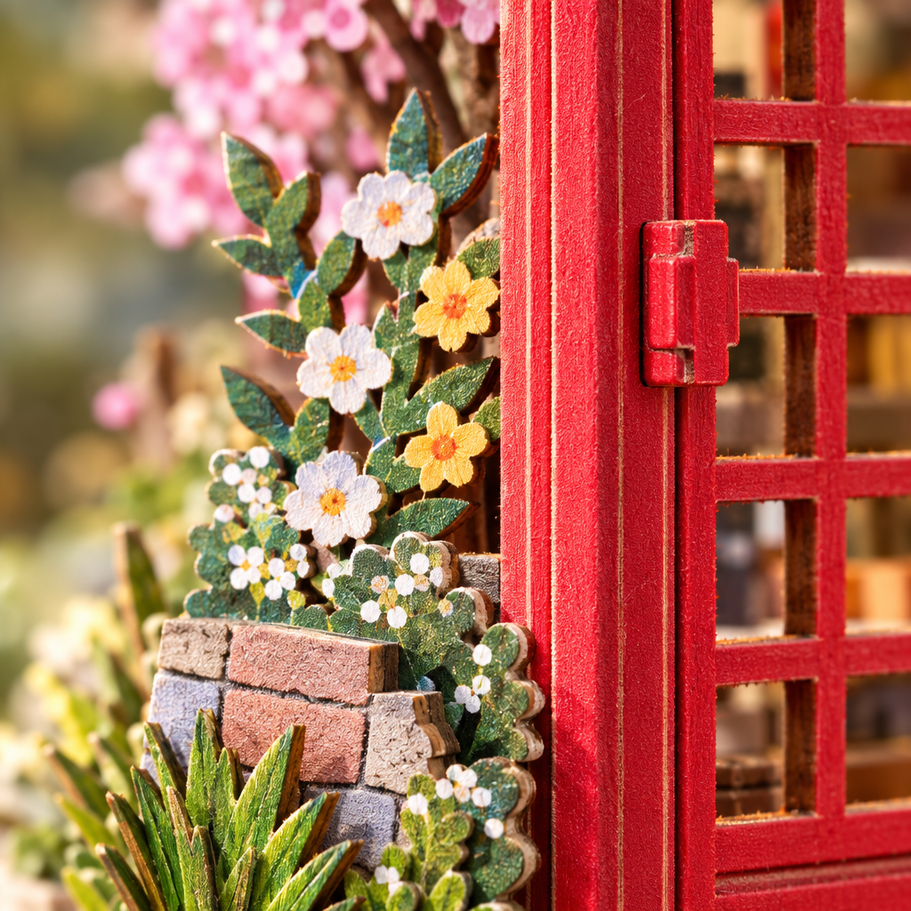 Detail macro des fleurs en bois et des montants decoupes au laser