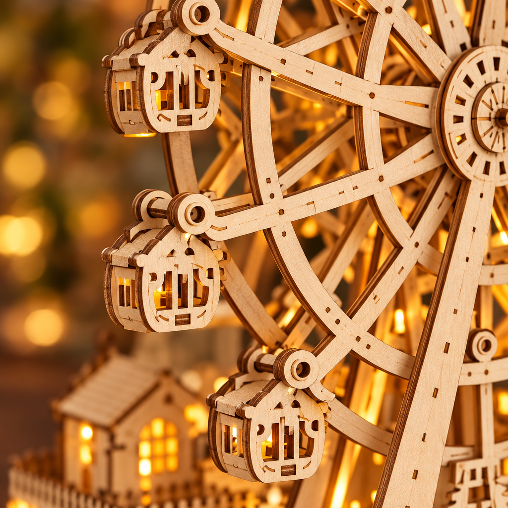 Detail macro des nacelles et des rayons de la roue en bois