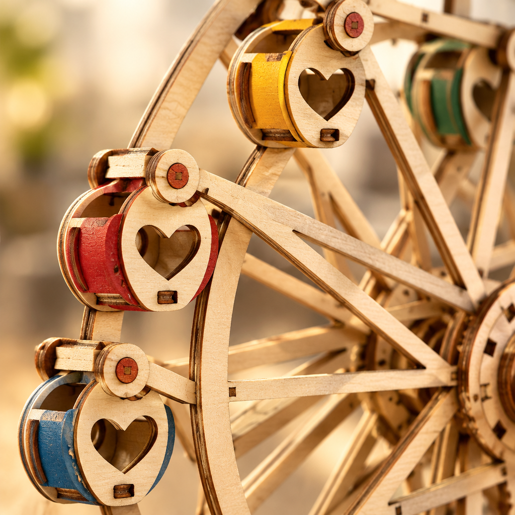 Detail macro des nacelles et des rayons de la roue en bois