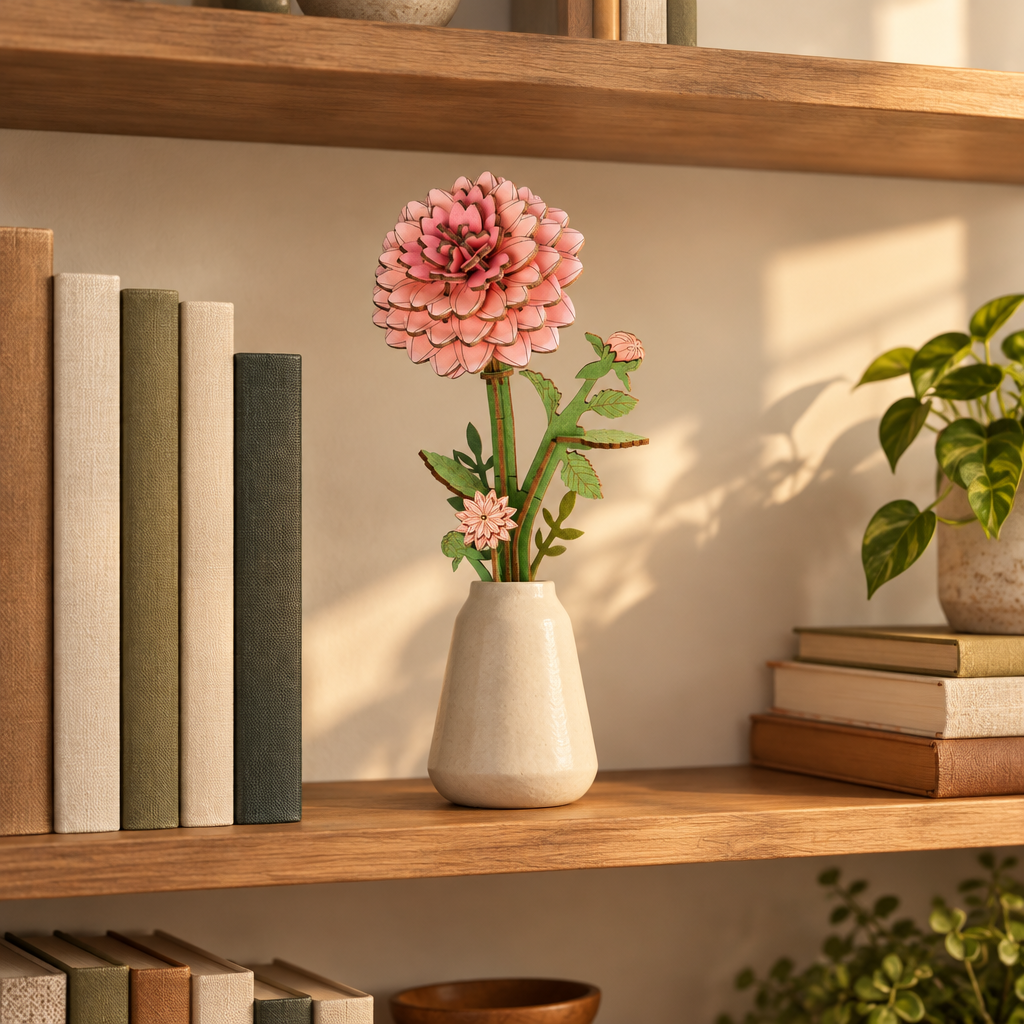 La fleur en bois exposee sur une etagere de bibliotheque