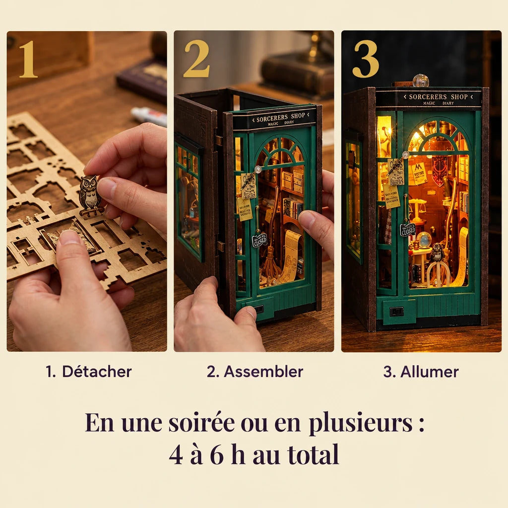 Les trois étapes de montage de L'Échoppe du Sorcier