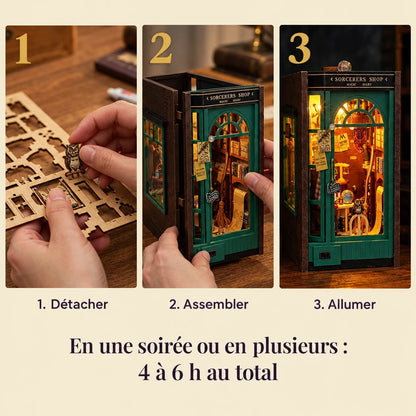 Les trois étapes de montage de L'Échoppe du Sorcier
