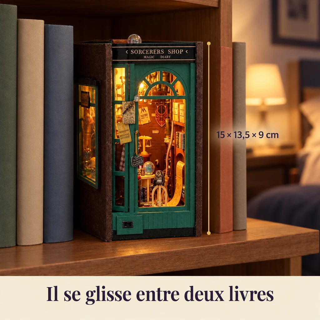 L'Échoppe du Sorcier glissée entre deux livres, dimensions 15 × 13,5 × 9 cm