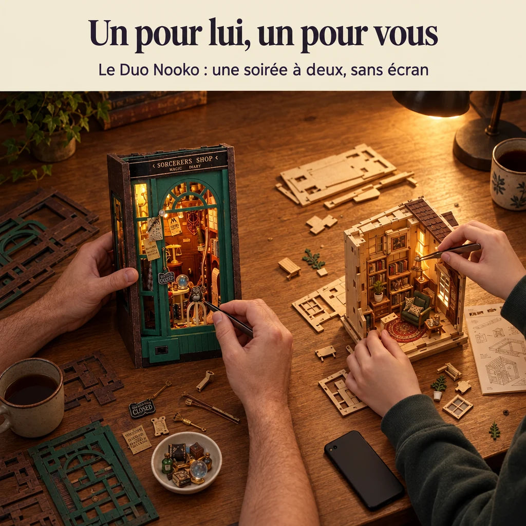 Deux personnes construisent un kit NOOKO côte à côte, une soirée sans écran