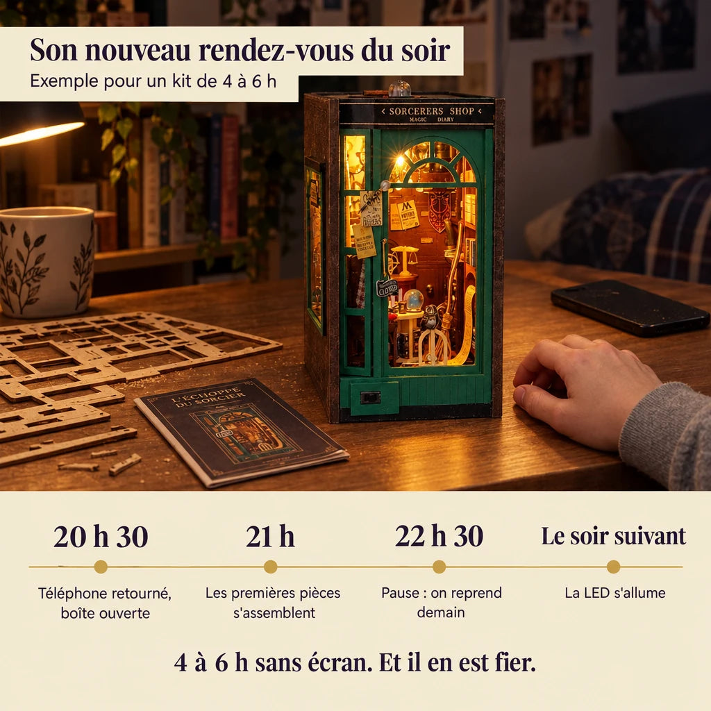 Frise d'une soirée de montage de L'Échoppe du Sorcier, téléphone retourné