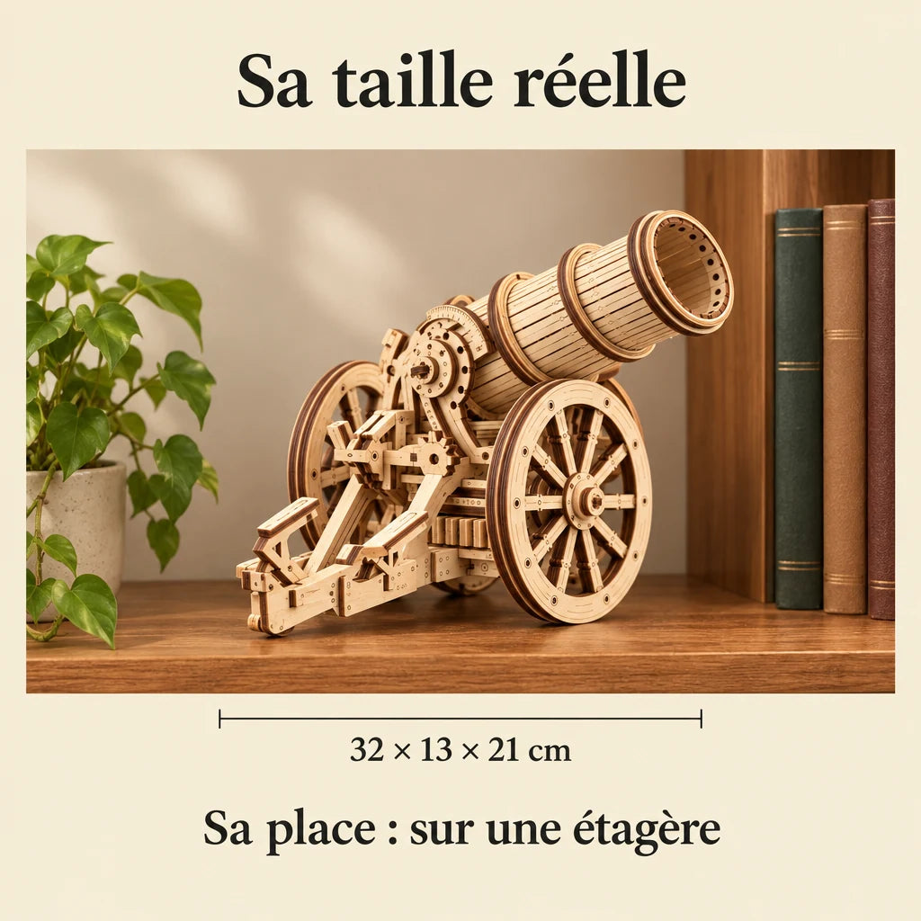 L'Engin de Siège à Roues posé sur une étagère, dimensions 32 × 13 × 21 cm