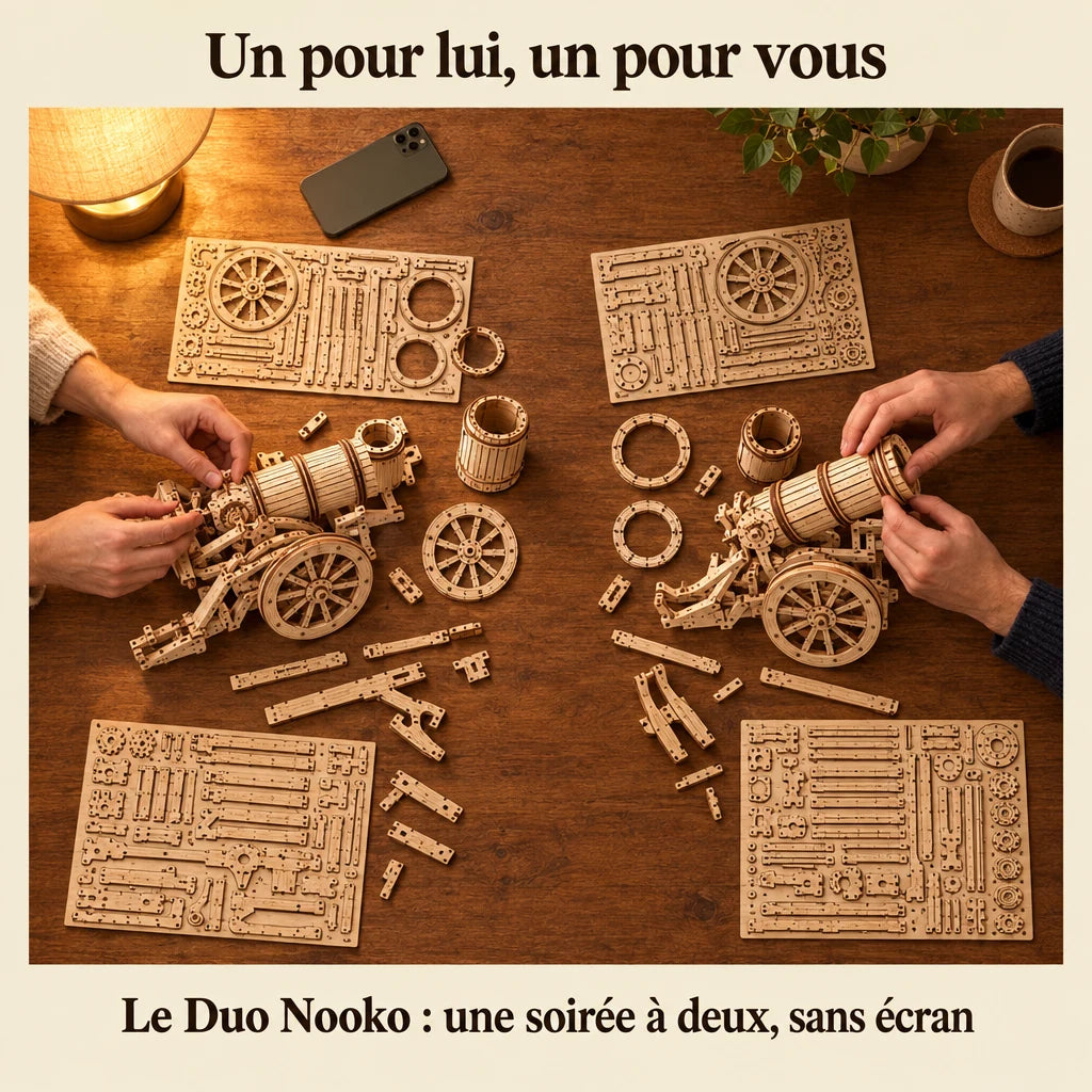 Deux personnes construisent un kit NOOKO côte à côte, une soirée sans écran