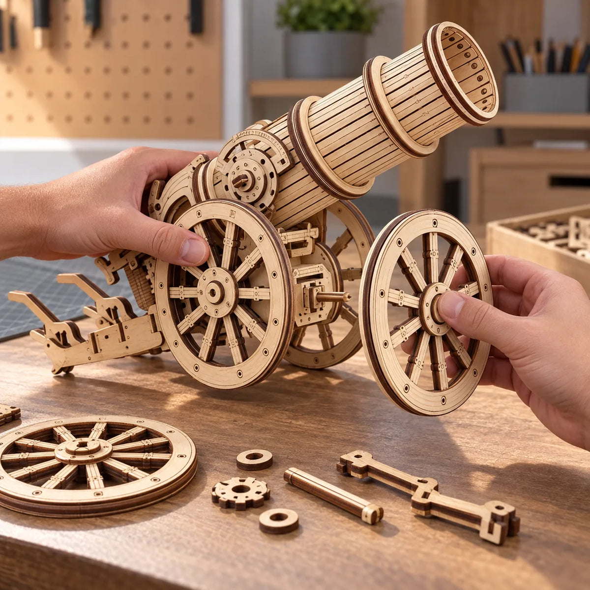 Maquette Mécanique en Bois — L'Engin de Siège à Roues