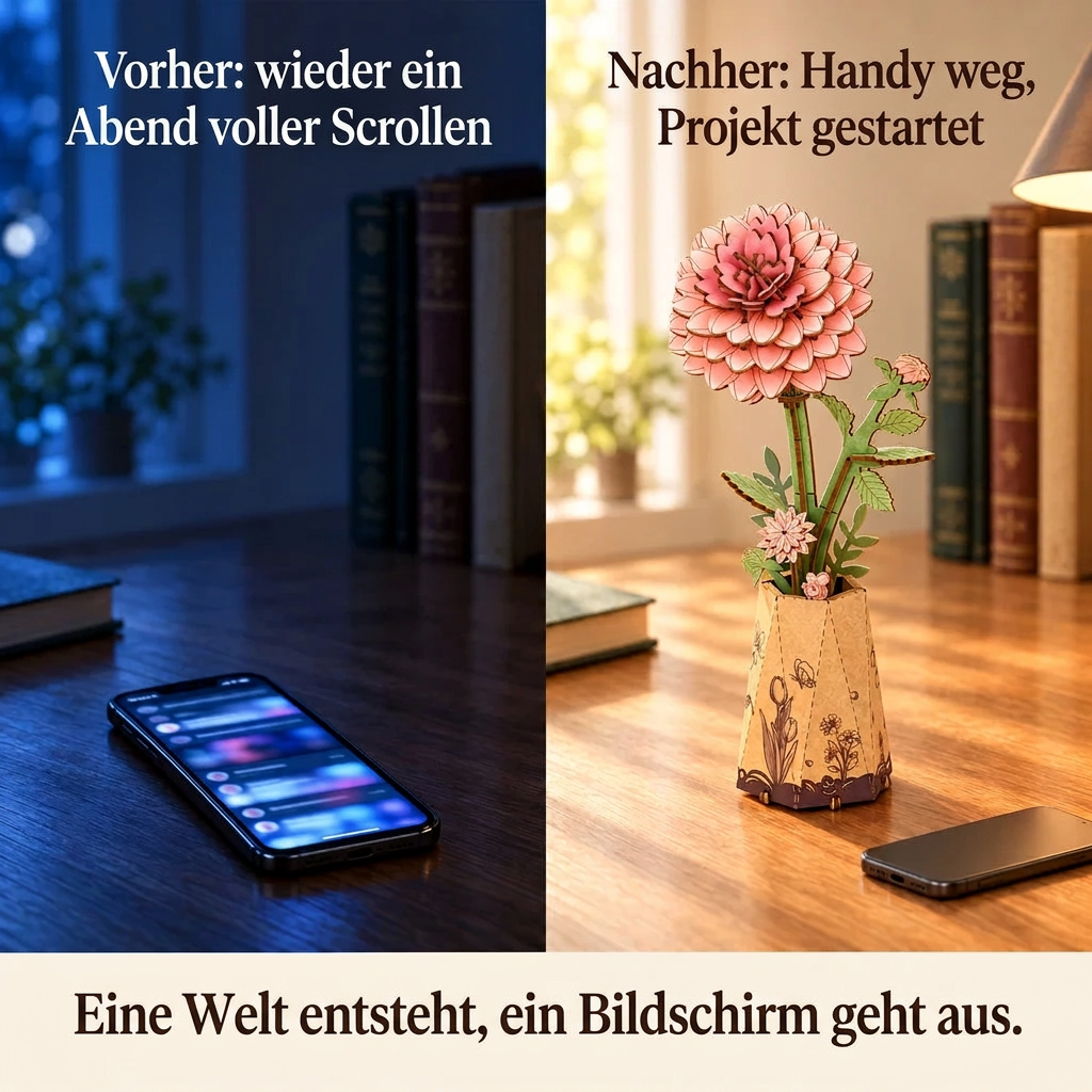 Vorher/Nachher: Handy weg, Aufbau von Holzblume Dahlie