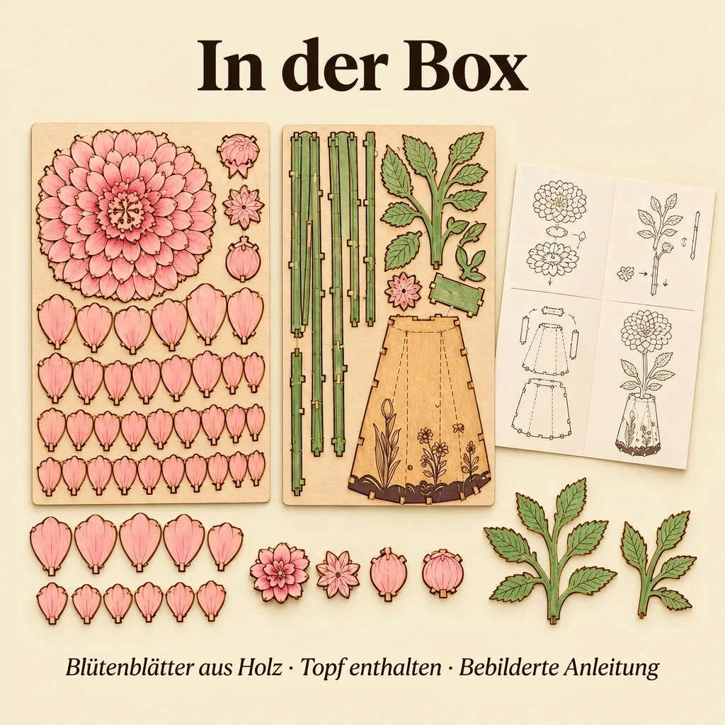 Inhalt des Sets Holzblume Dahlie