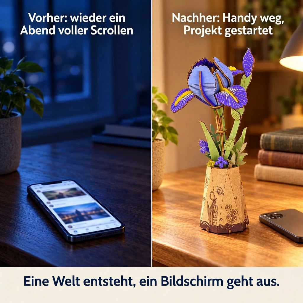 Vorher/Nachher: Handy weg, Aufbau von Holzblume Iris
