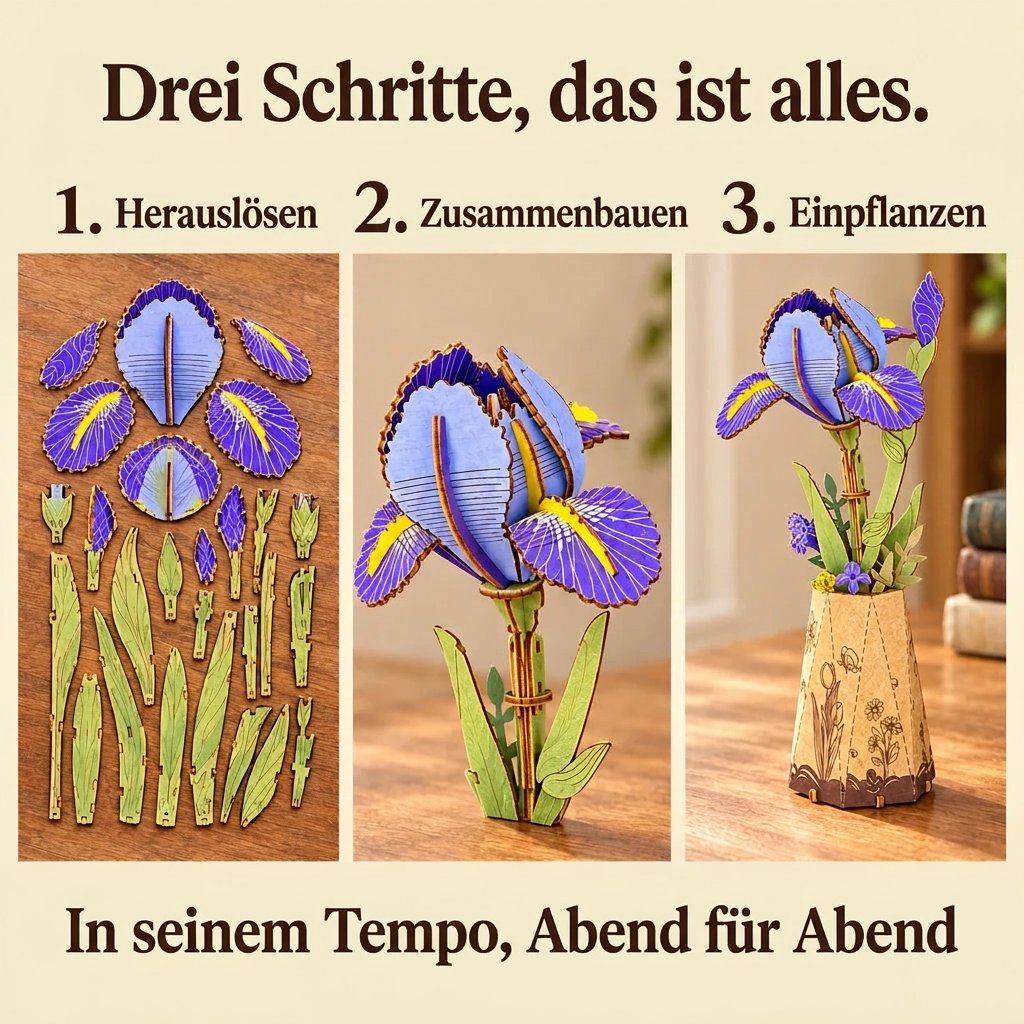 Die Bauschritte von Holzblume Iris