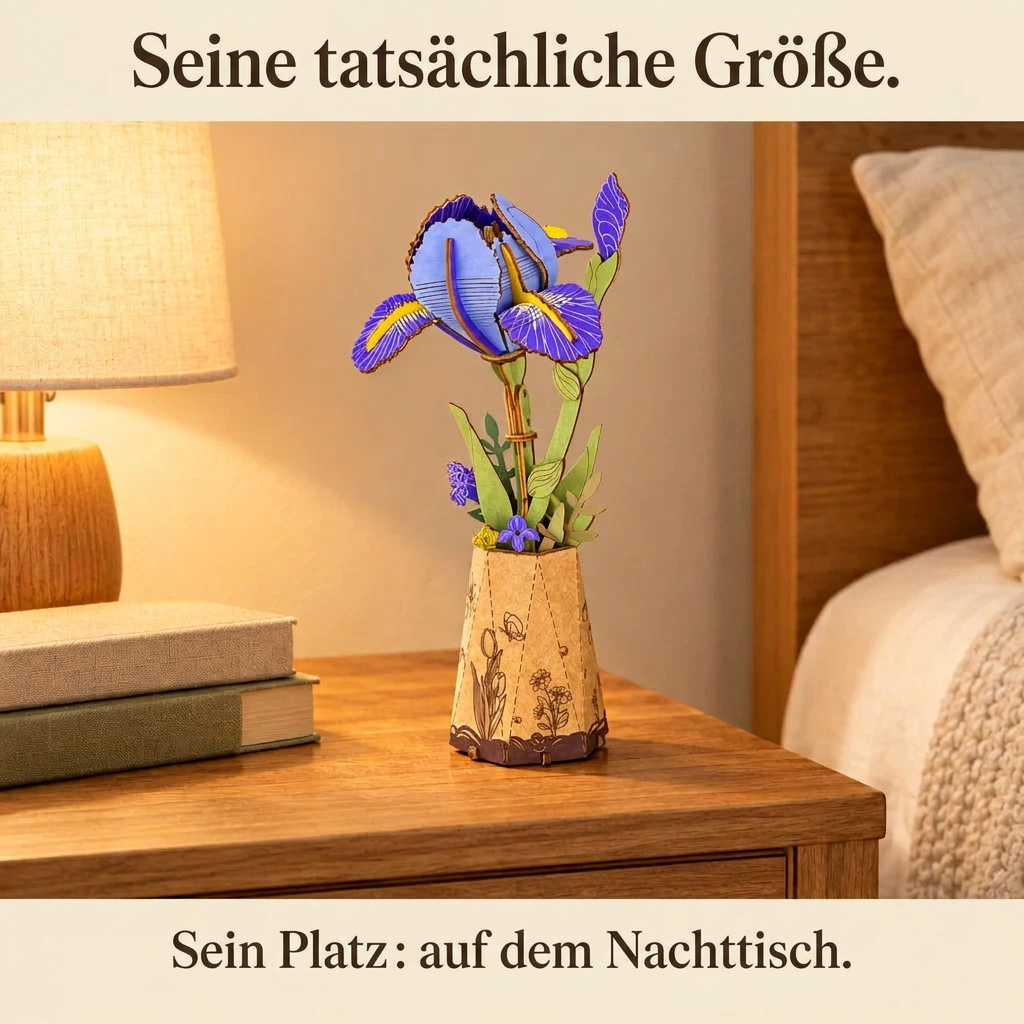 Holzblume Iris im Regal