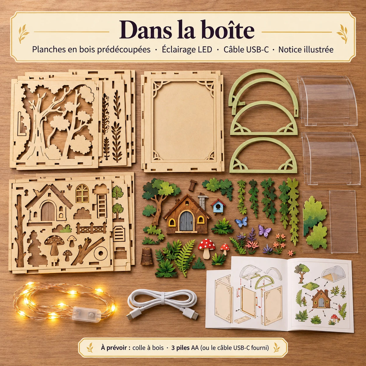 Contenu du kit Forêt des Lucioles : pièces en bois, éclairage LED, câble USB-C et notice