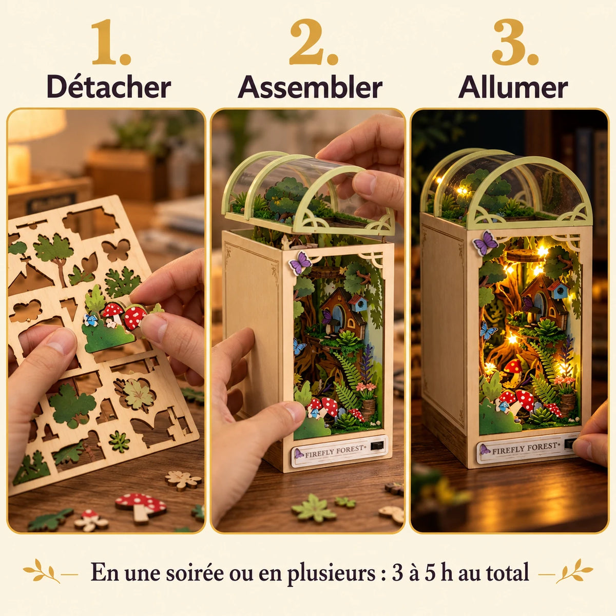 Les trois étapes de montage de la Forêt des Lucioles : détacher, assembler et allumer