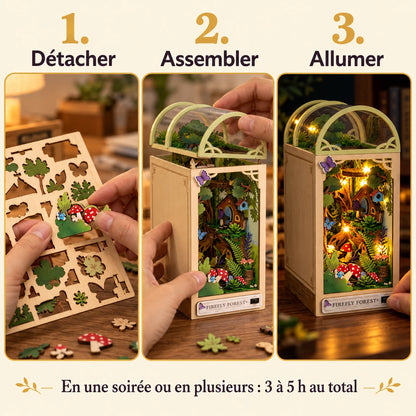 Les trois étapes de montage de la Forêt des Lucioles : détacher, assembler et allumer