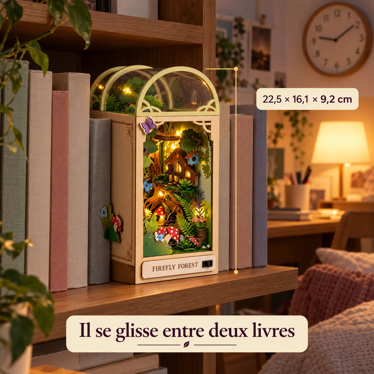 La Forêt des Lucioles entre deux livres, dimensions 22,5 × 16,1 × 9,2 cm