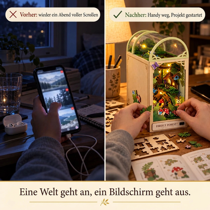 Vorher/Nachher: Handy weg, Aufbau des Book Nook Glühwürmchenwald