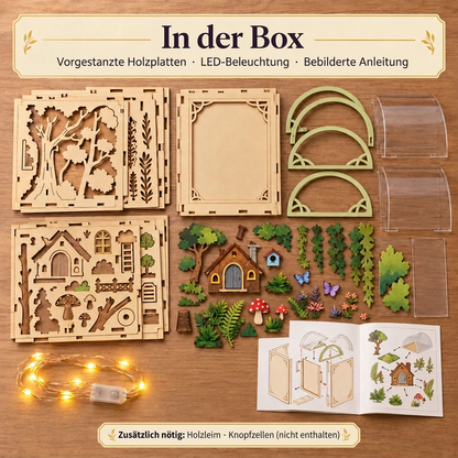 Inhalt des Sets Glühwürmchenwald: vorgestanzte Holzplatten, LED und Anleitung