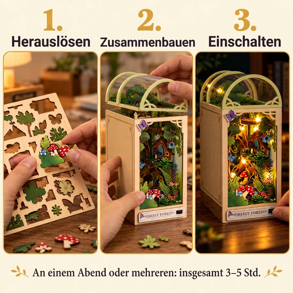 Die drei Bauschritte des Glühwürmchenwalds: herauslösen, zusammenbauen, einschalten