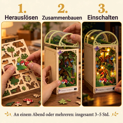 Die drei Bauschritte des Glühwürmchenwalds: herauslösen, zusammenbauen, einschalten