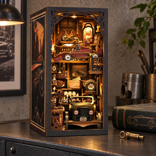 Le Garage du Collectionneur monté et éclairé sur un meuble métallique