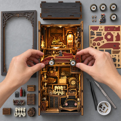 Montage du Garage du Collectionneur vu du dessus avec mains et voiture miniature