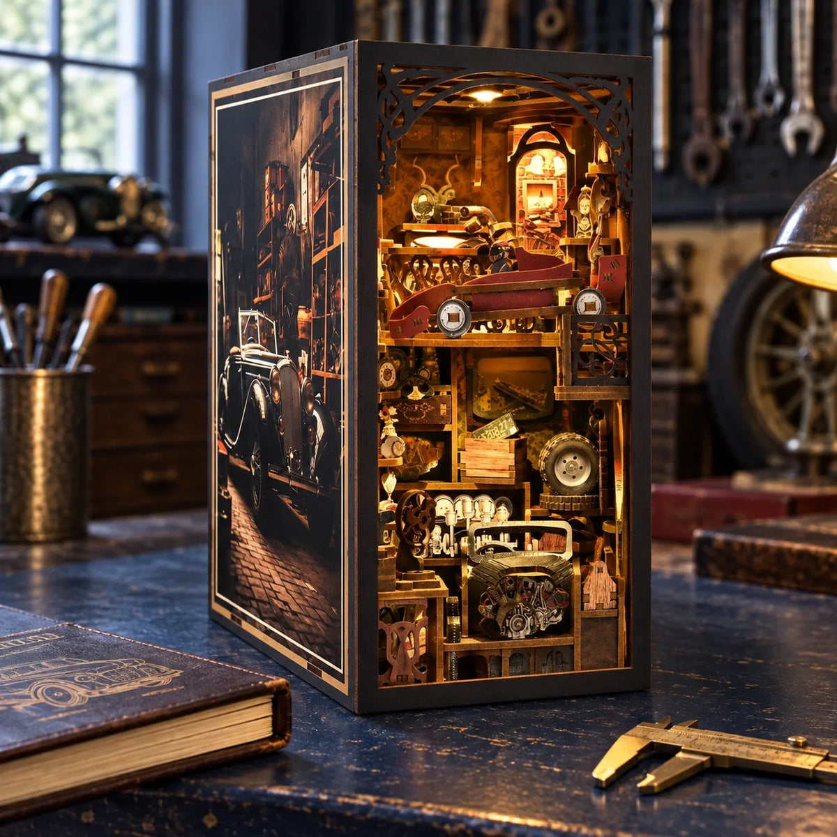 Vue trois quarts du Garage du Collectionneur sur un établi bleu nuit