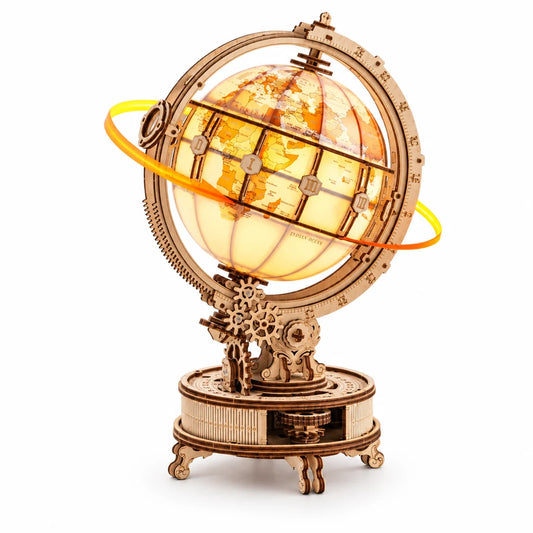 Le Globe Lumineux NOOKO monté et allumé sur fond blanc