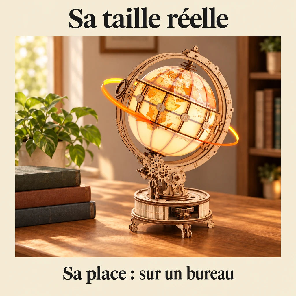 The Illuminated Globe, lit up, on a desk