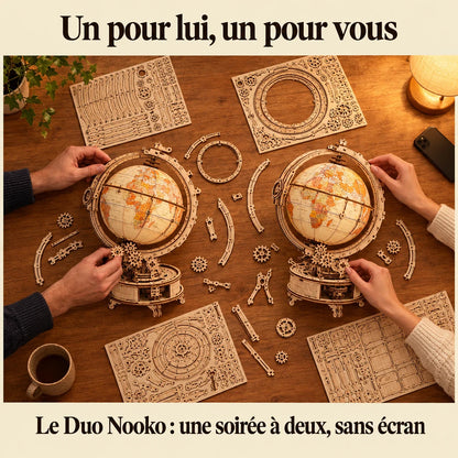Two people building a NOOKO kit side by side, a screen-free evening