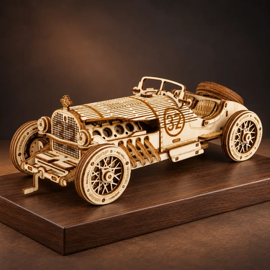 Voiture Grand Prix miniature en bois avec moteur V8 apparent