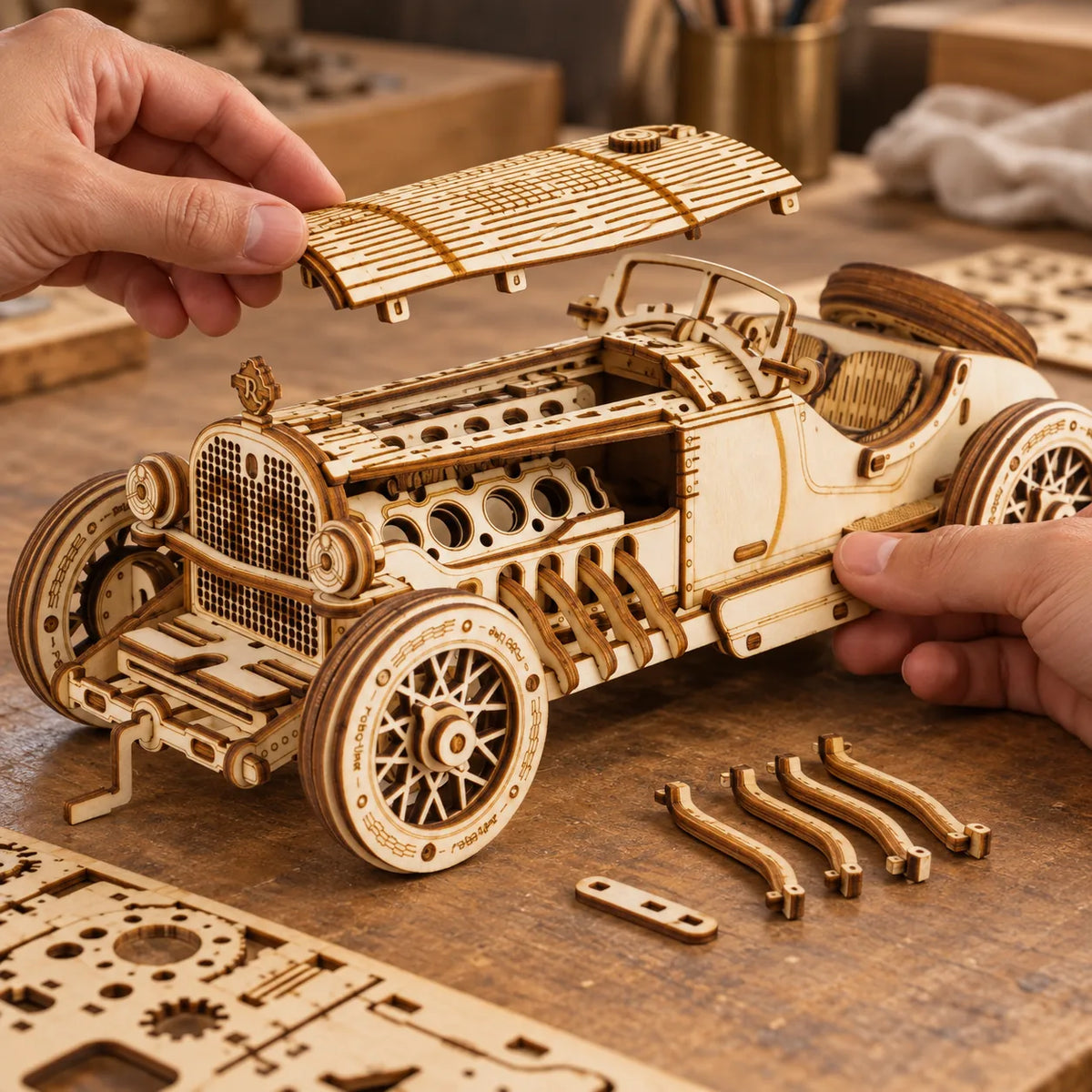 Pose du capot nervuré sur la voiture mécanique en bois