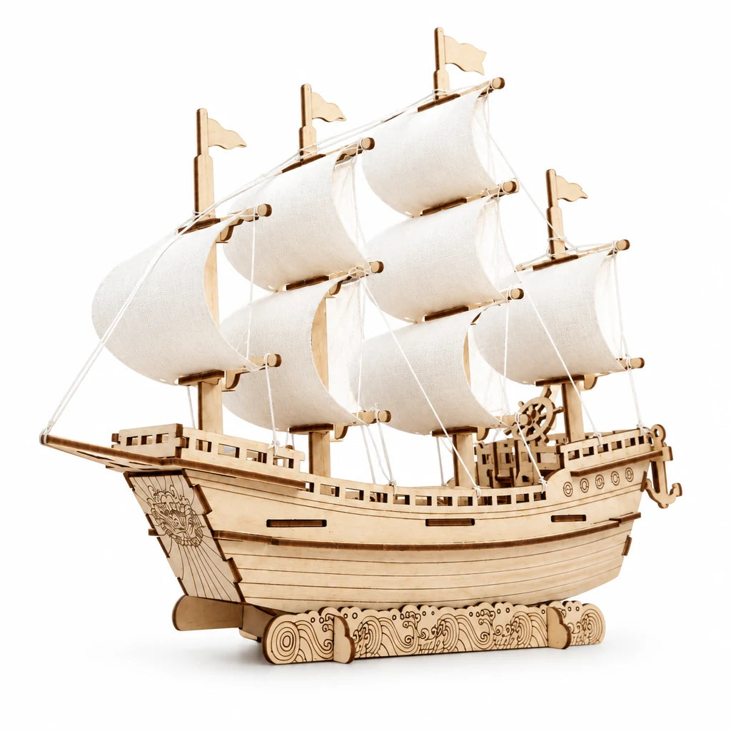 Großes Segelschiff mit weißen Segeln von NOOKO, aufgebaut, auf weißem Hintergrund