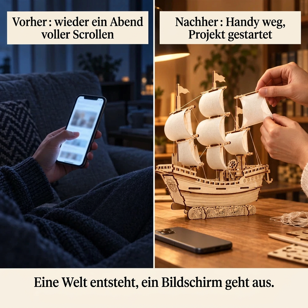 Vorher/Nachher: Handy weg, Aufbau von Großsegler mit weißen Segeln