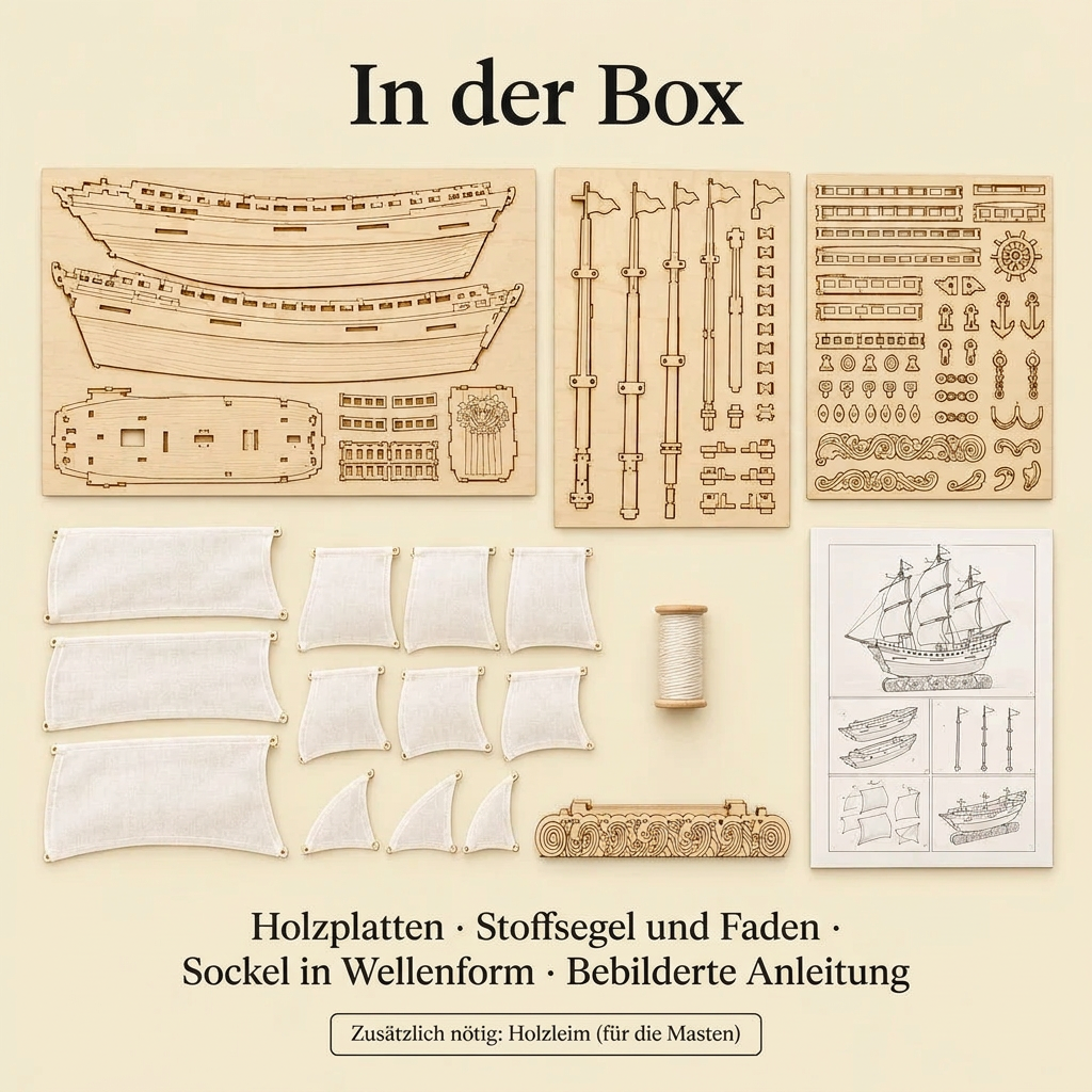 Inhalt des Sets Großsegler mit weißen Segeln