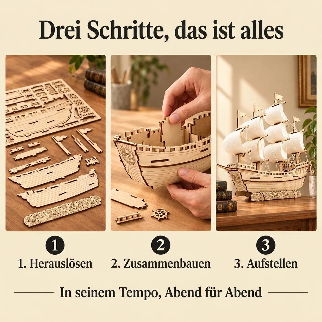 Die Bauschritte von Großsegler mit weißen Segeln