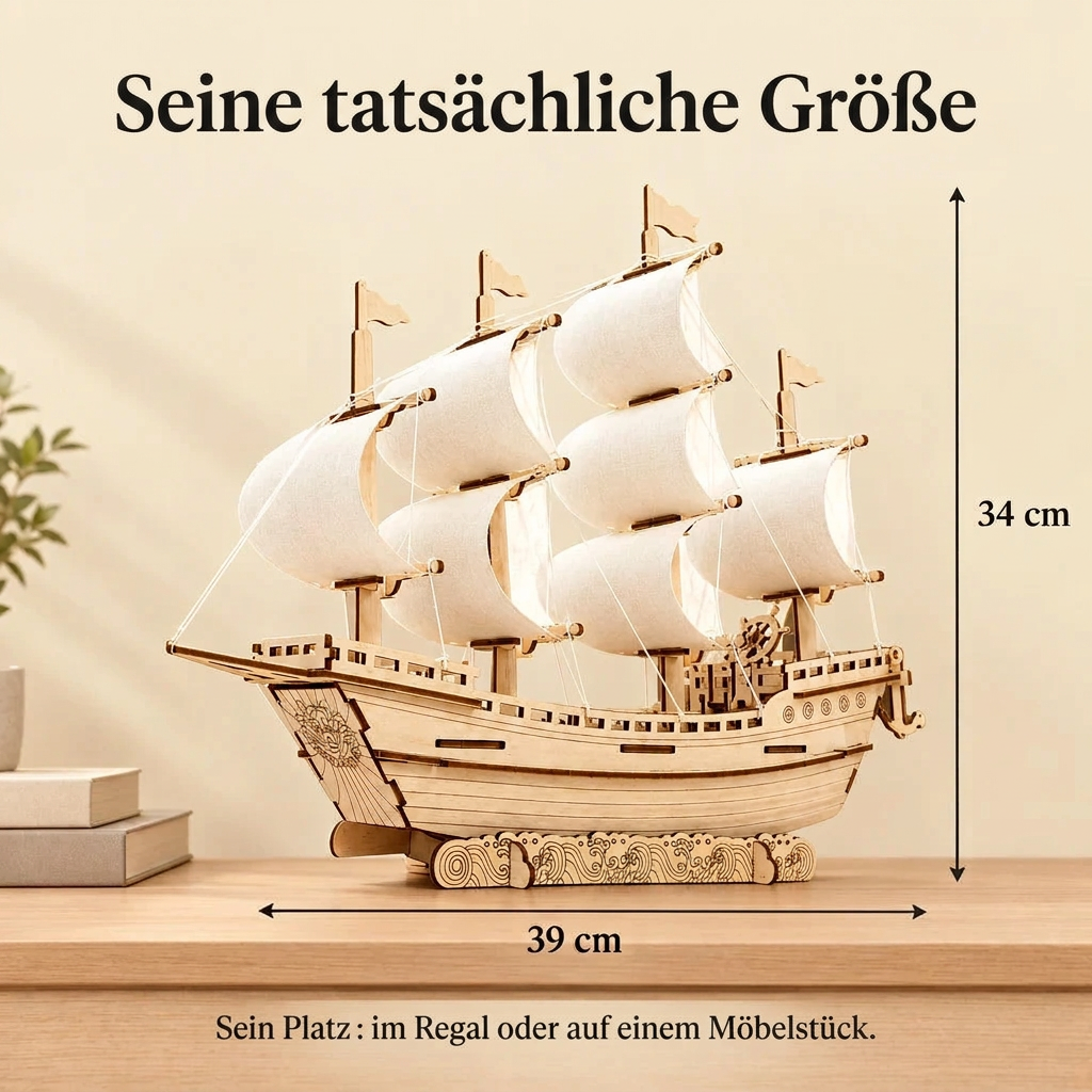 Großsegler mit weißen Segeln im Regal