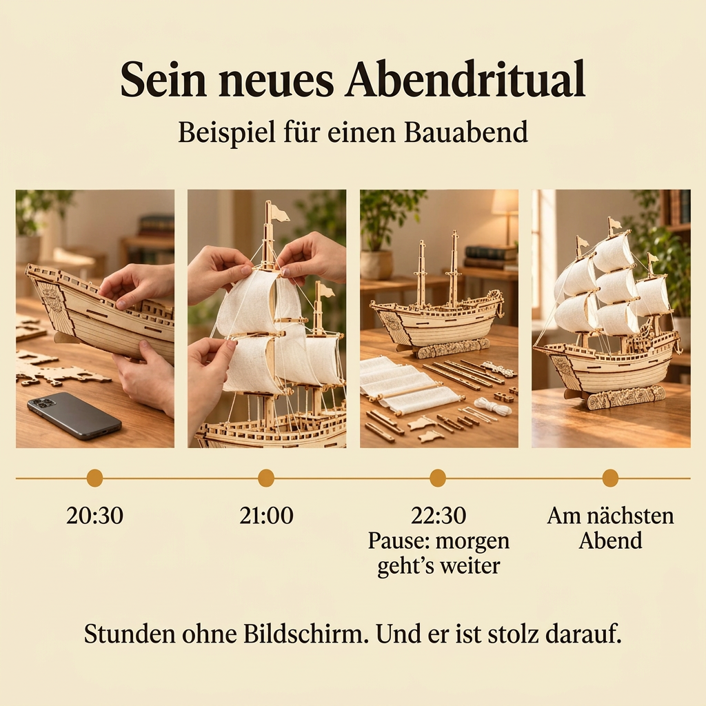 Ein Bauabend mit Großsegler mit weißen Segeln