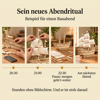 Ein Bauabend mit Großsegler mit weißen Segeln