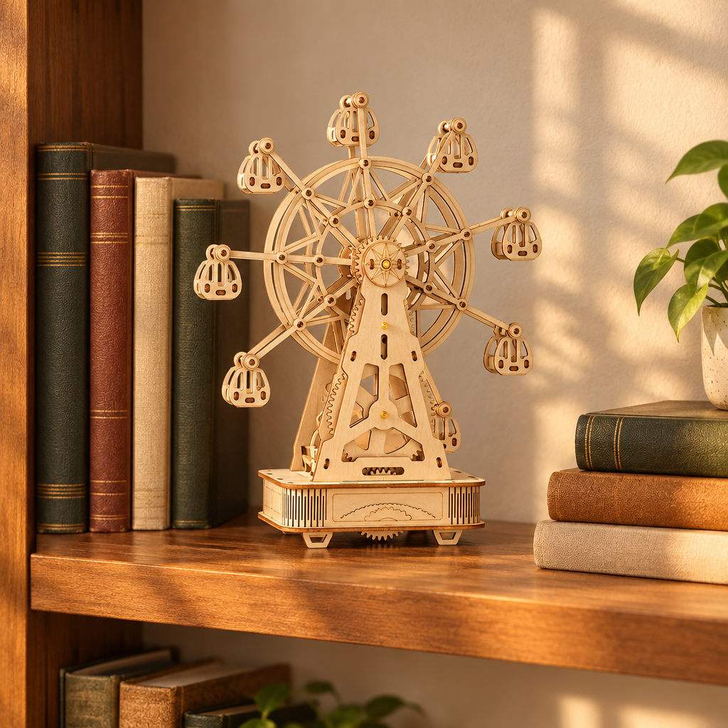 La maquette exposee sur une etagere de bibliotheque